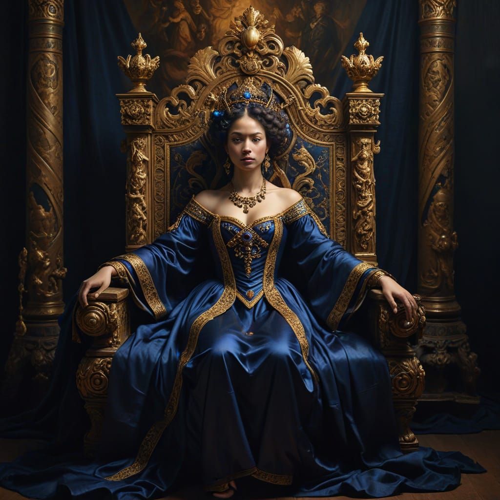 A regal queen, adorned in flowing robes of deep indigo and g...