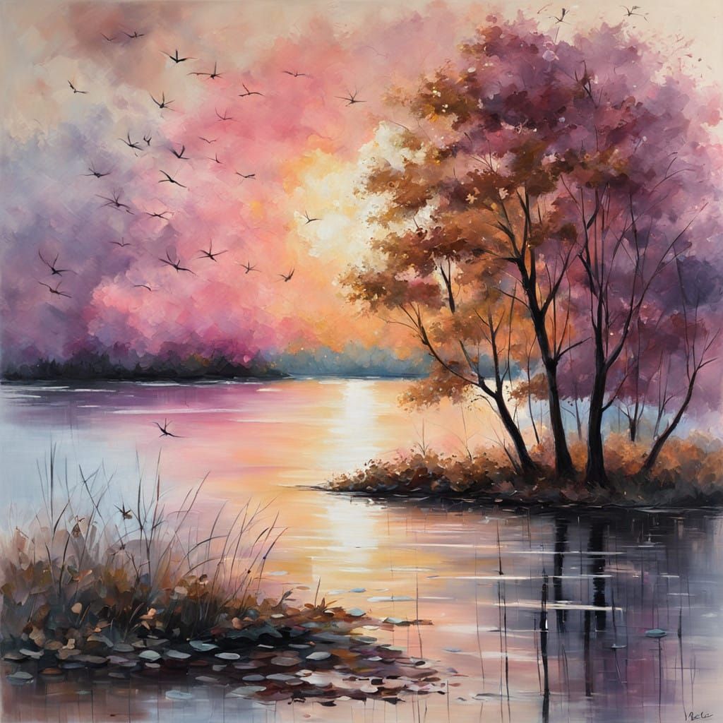 Soft Sunset Lake Scene with Falling Leaves and Wooden Bench