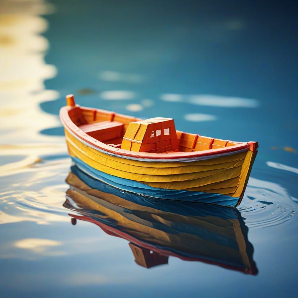 Paper Toy Boat on Water in Oil Painting Style