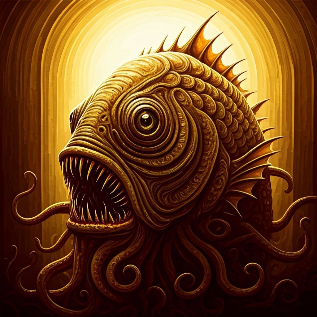 Lovecraftian Cosmic Horror Fish in Crimson & Brass