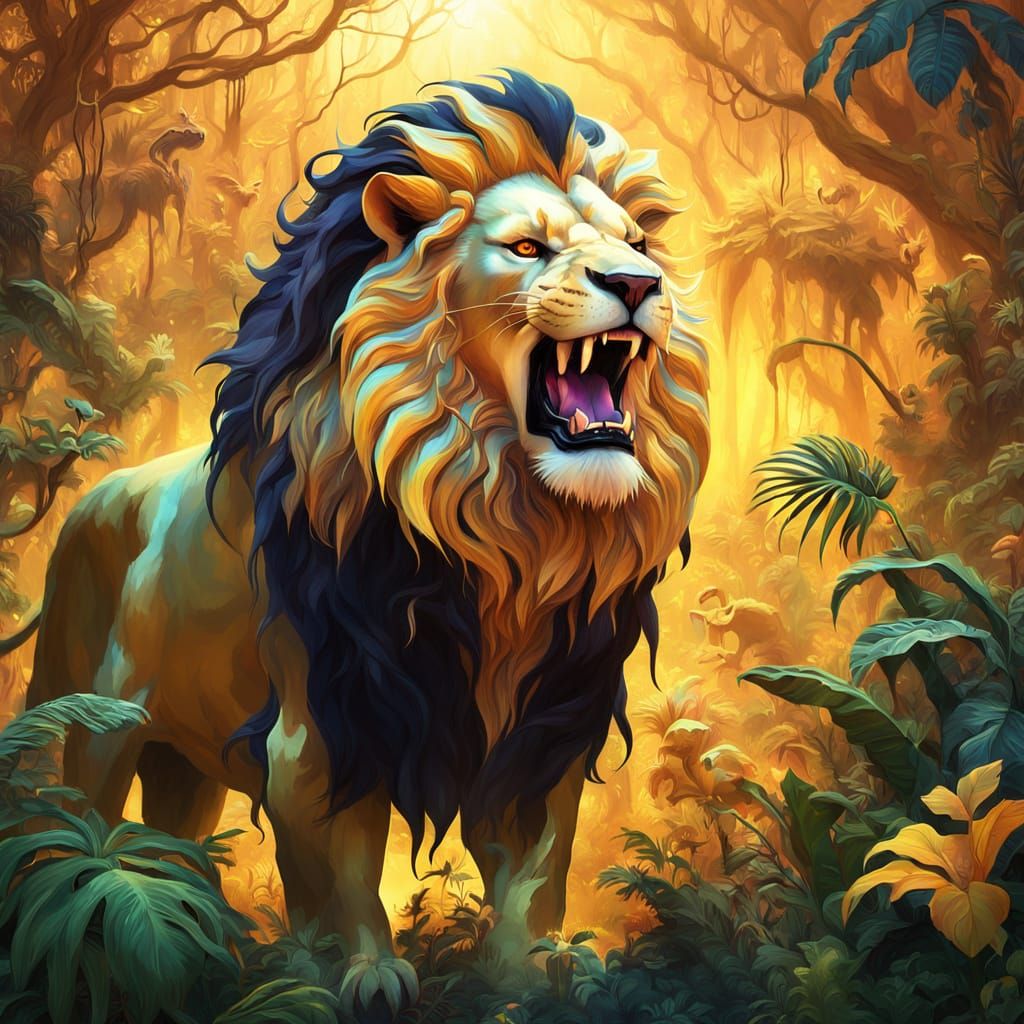 Majestic Golden Lion Roaring in Surreal Jungle