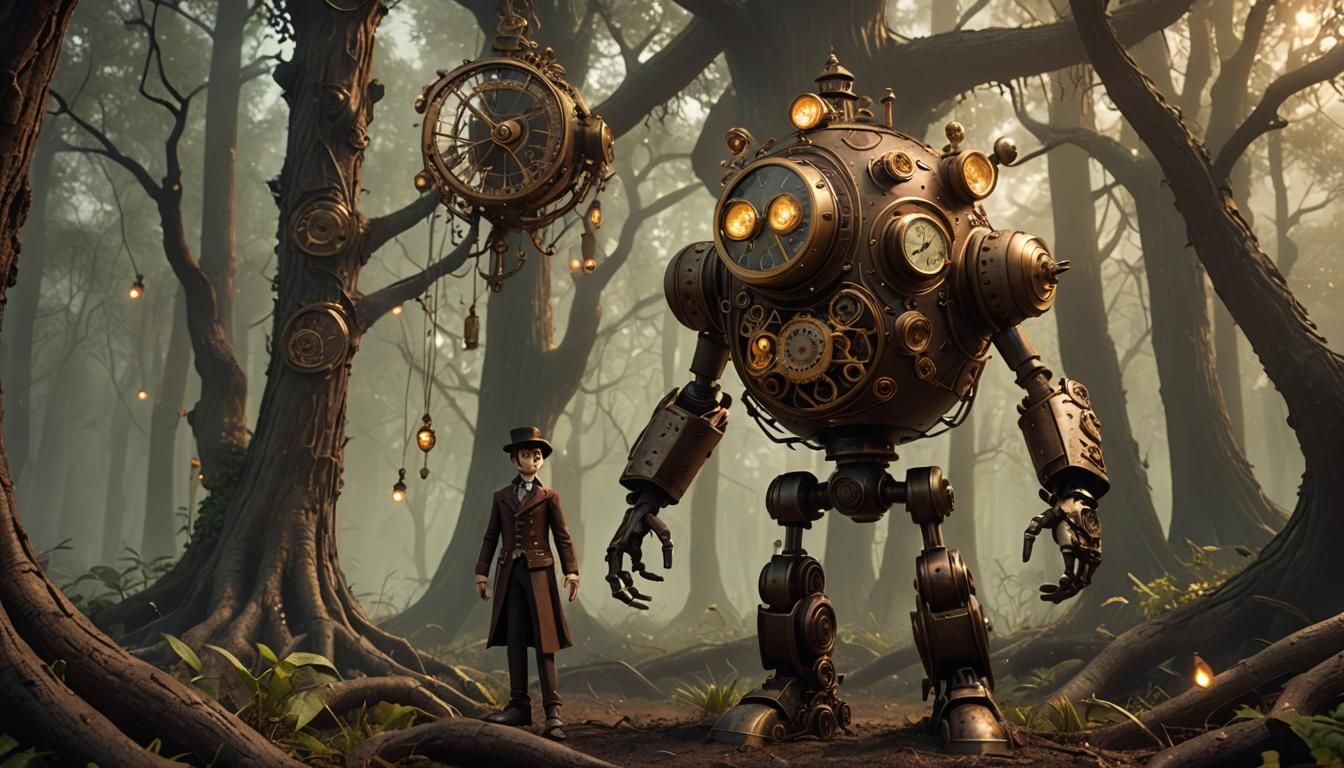 Steampunk Automaton in Misty Forest: Pixar-Style Animation