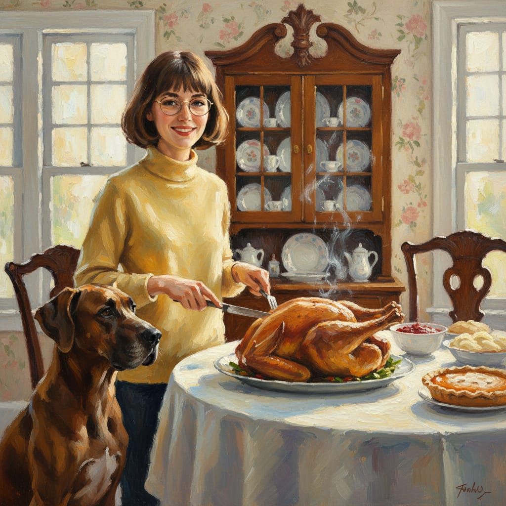 Impressionist Thanksgiving Scene: Woman and Great Dane