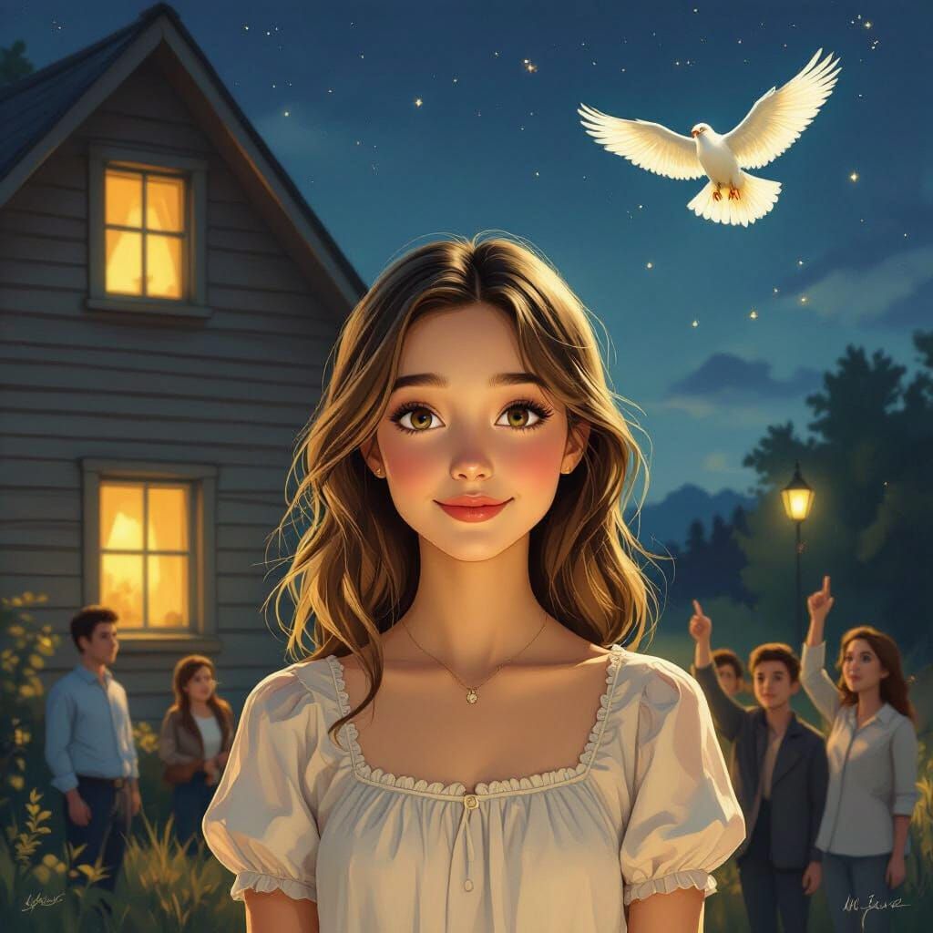 Surreal Night Scene: Girl, House, and Ascending Viewer