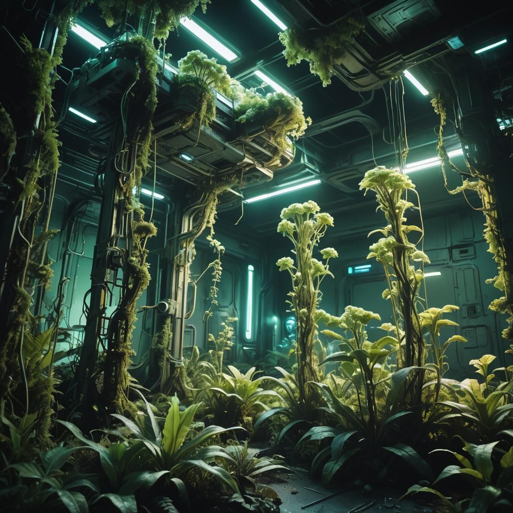 Bioluminescent Alien Plants in Abandoned Space Station