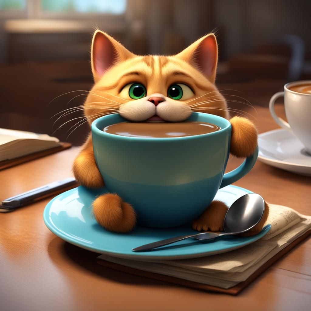 Pixar Cat with a Big Belly Drinking Coffee