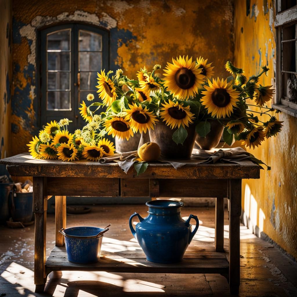 Sunflowers and Delft Blue Flowers by Window, Magical Realism