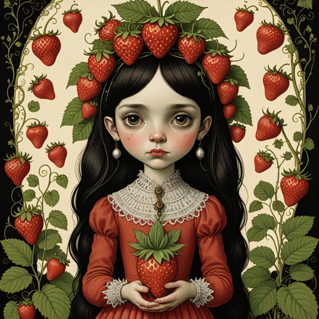 Ethereal Strawberry Dreamscape in Muted Gothic Cartoon Style
