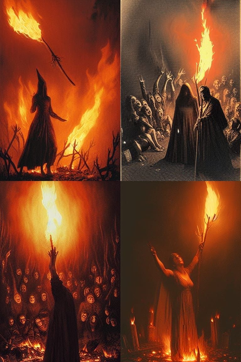 Sinister Witch Burning in Hyperrealism Style