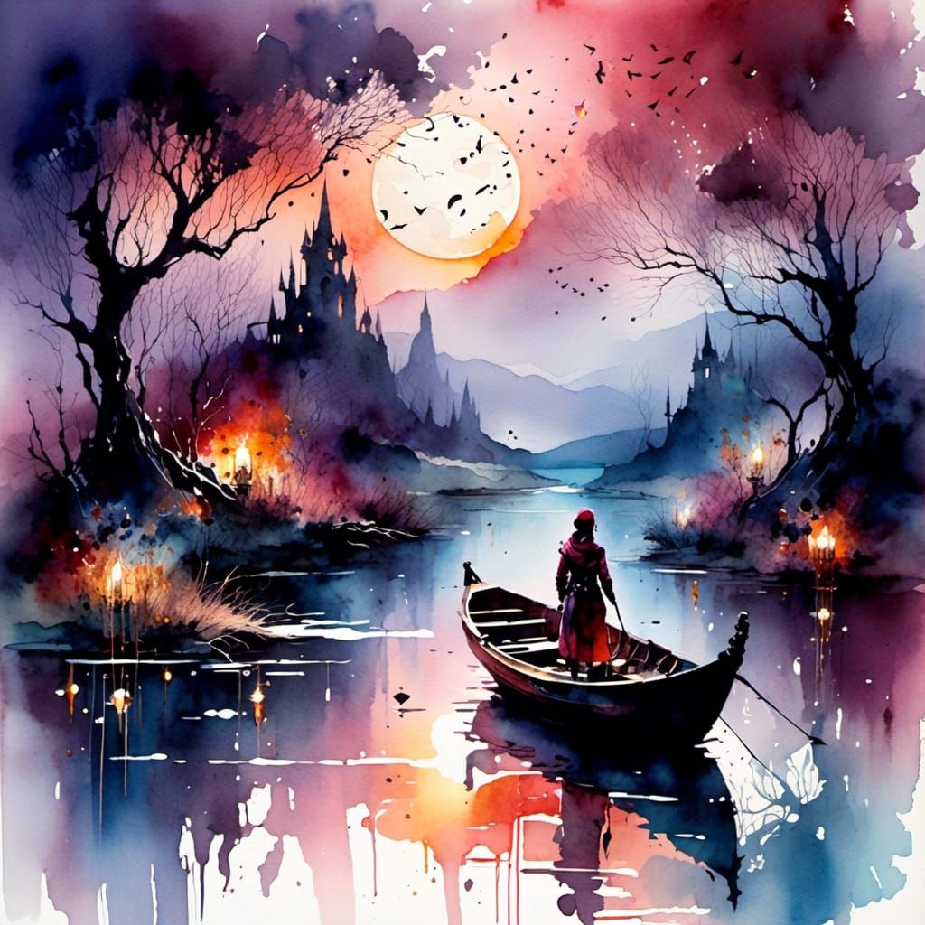 Boat on River at Night with Blood Moon