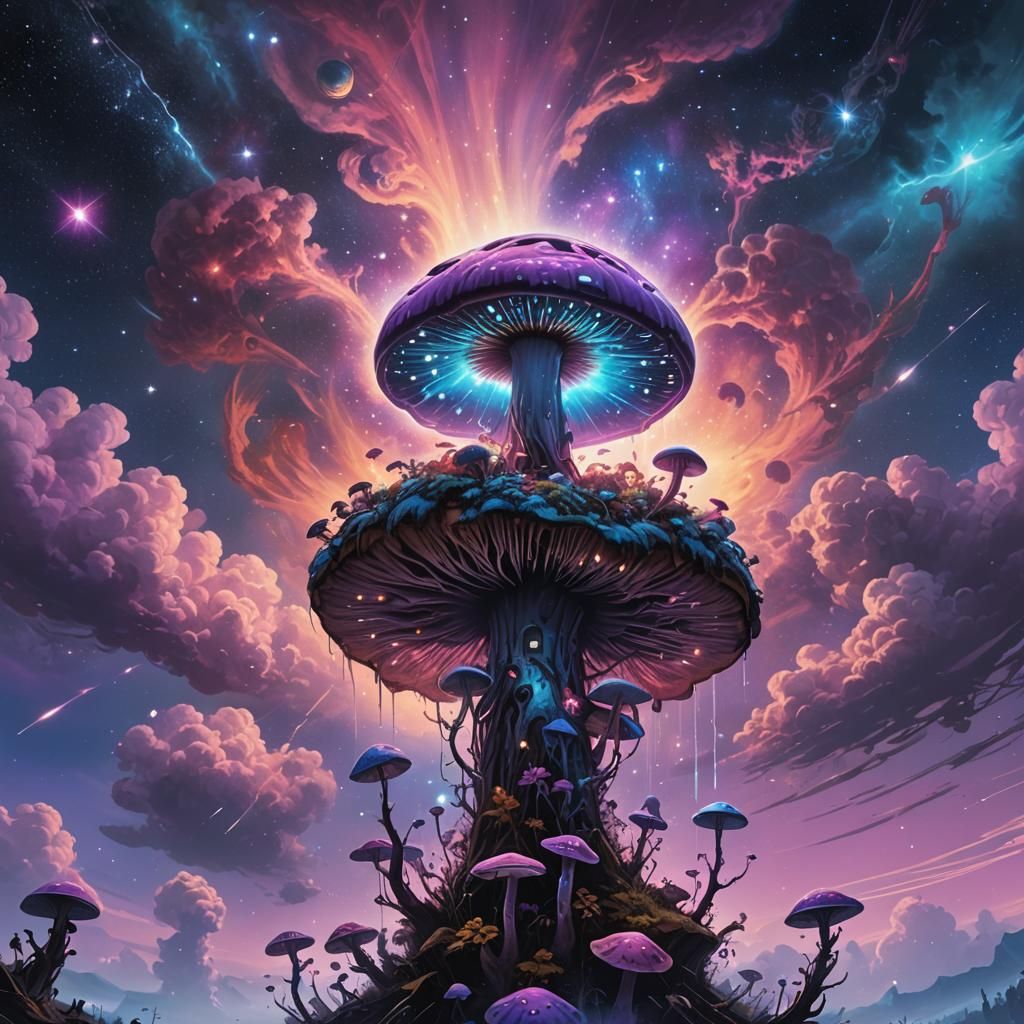 Iridescent Mushroom in Cosmic Nebula, Digital Art