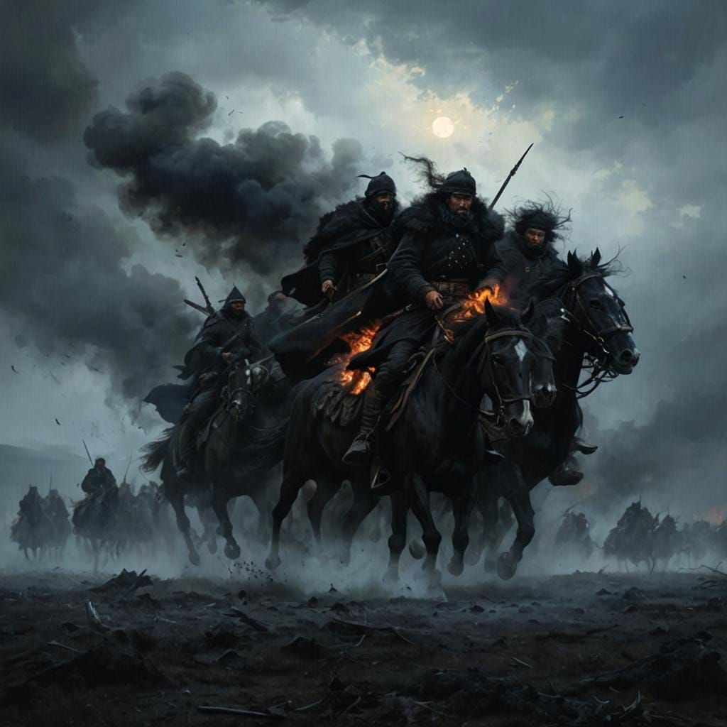 Ethereal Cossack Warriors Galloping Across a Ravaged Plain