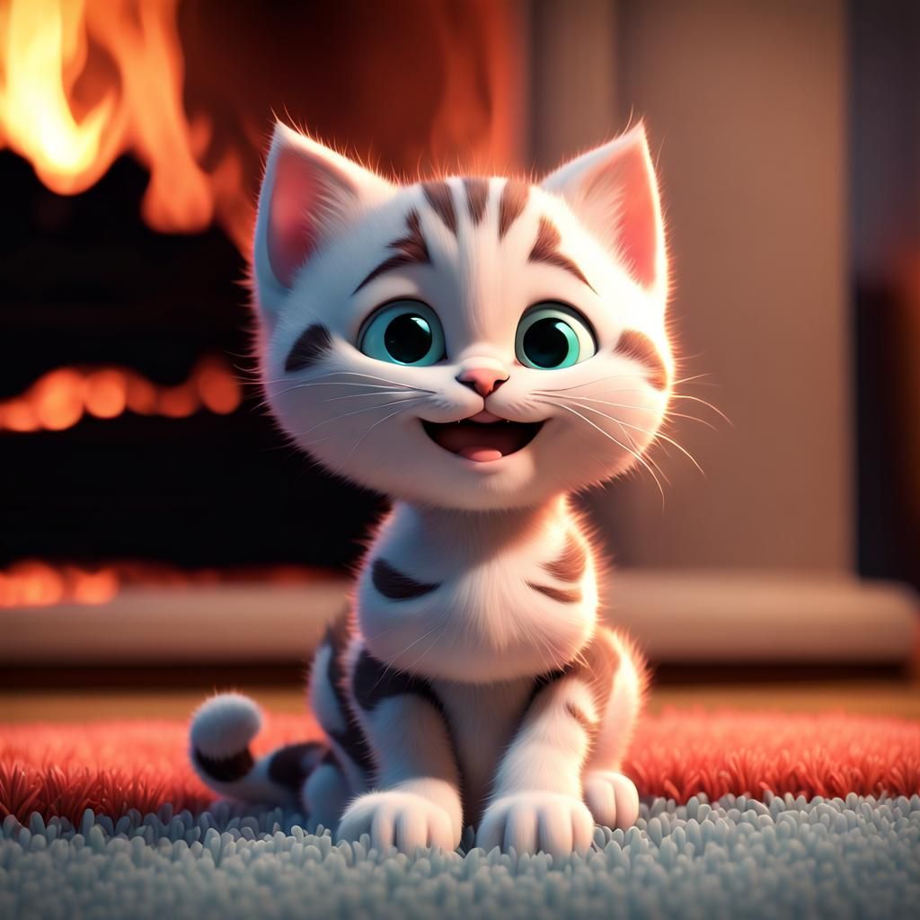 Adorable Kitten by Fireplace: 3D Animation Render