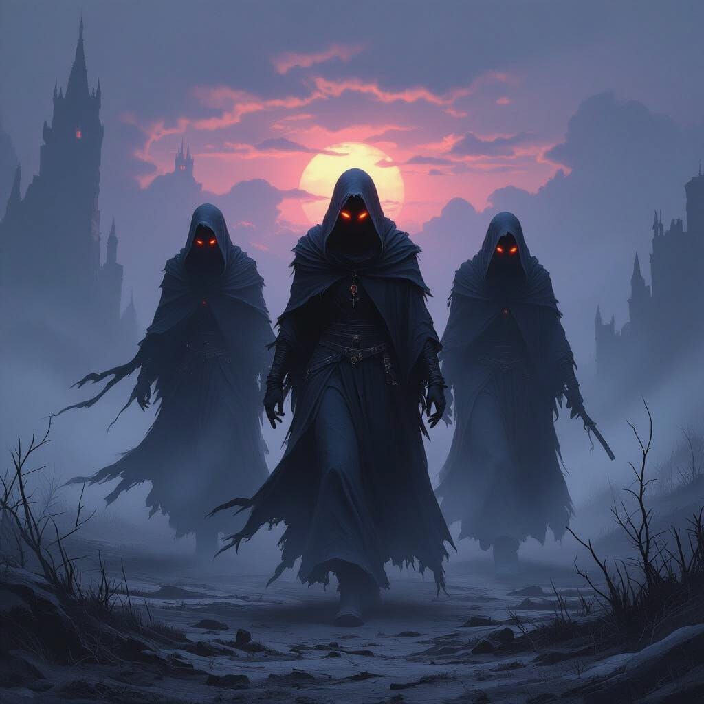 Gothic Fantasy Erynies in Foggy Landscape