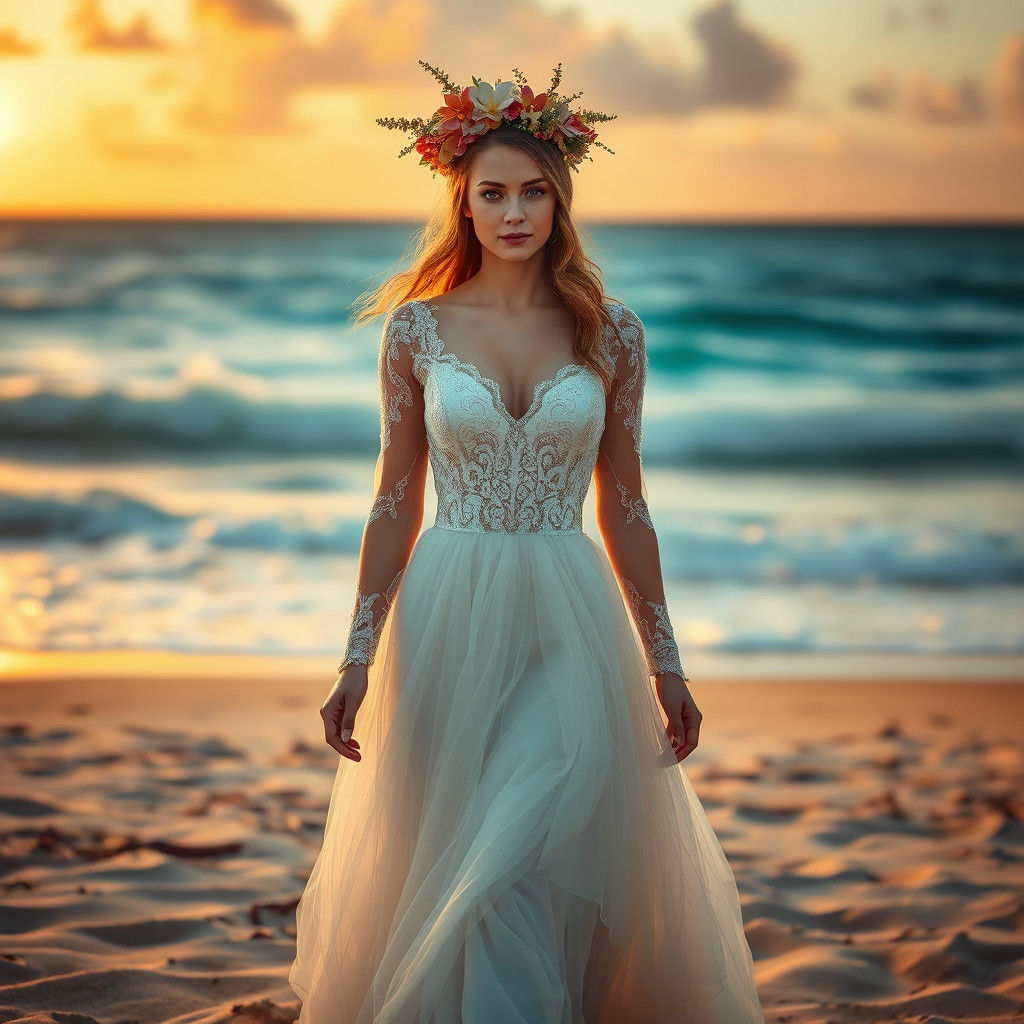 Serene Bride on Beach in Fantasy Concept Art Style