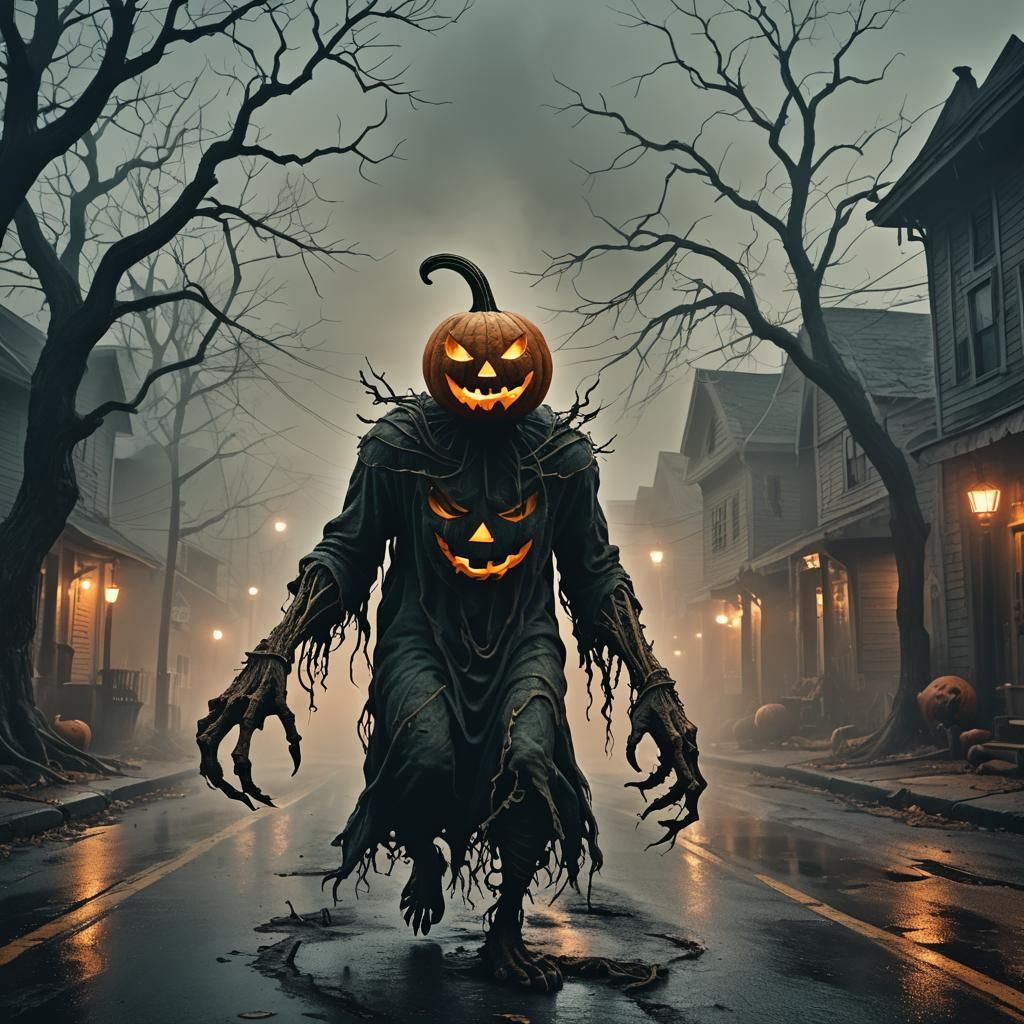Monstrous Jack O'Lantern in Fog-Shrouded Town