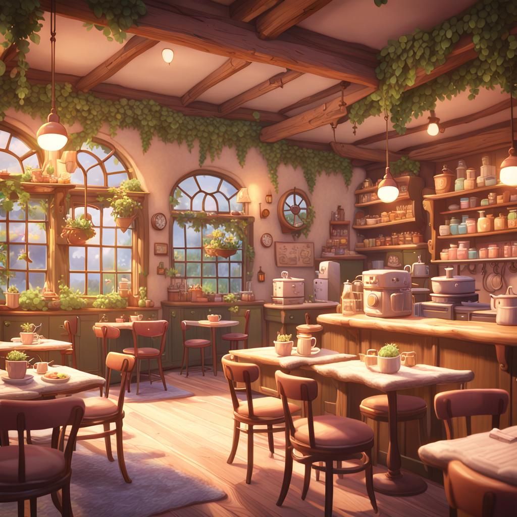 Cute Cafe in Whimsical Ghibli-Inspired Style
