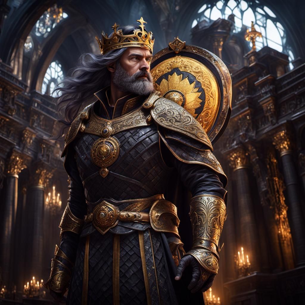 Intricate Dark Fantasy King in Castle Hall