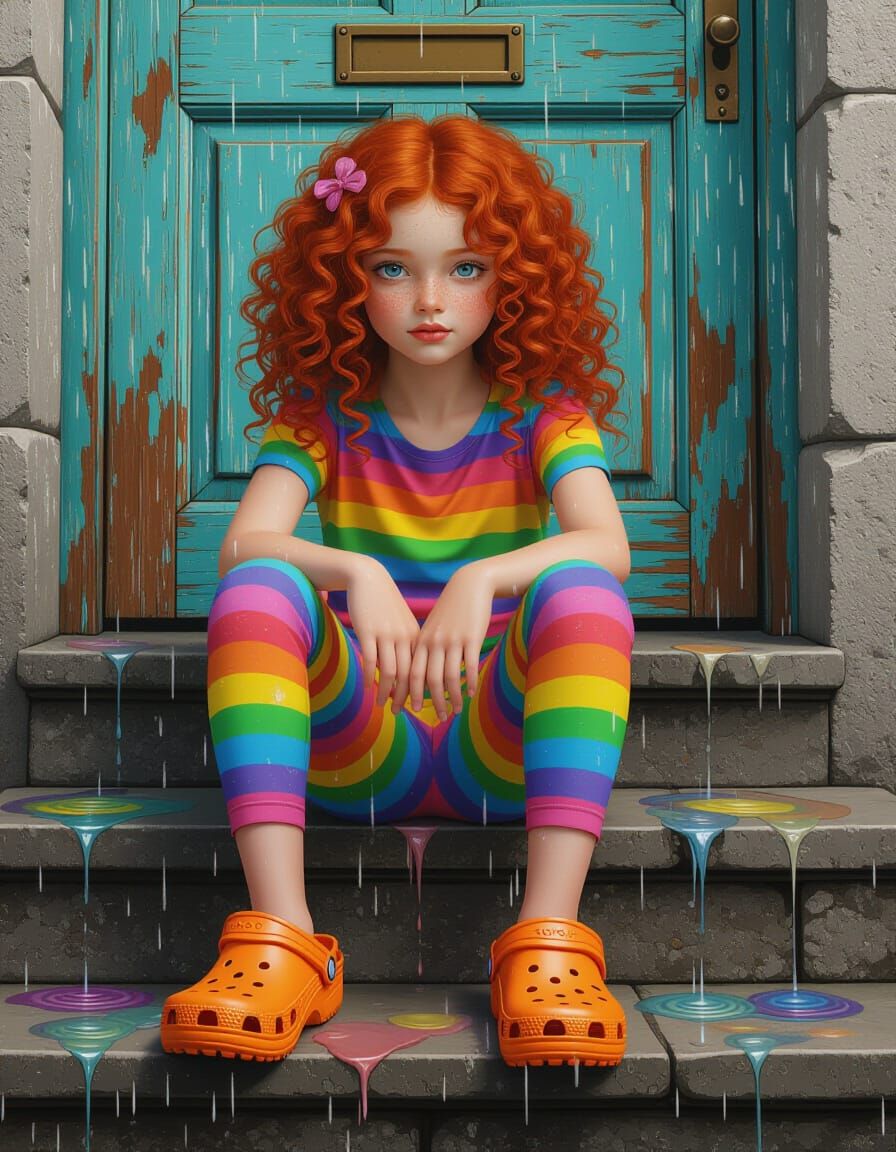 Girl with Red Hair in Rainy Magical Realism