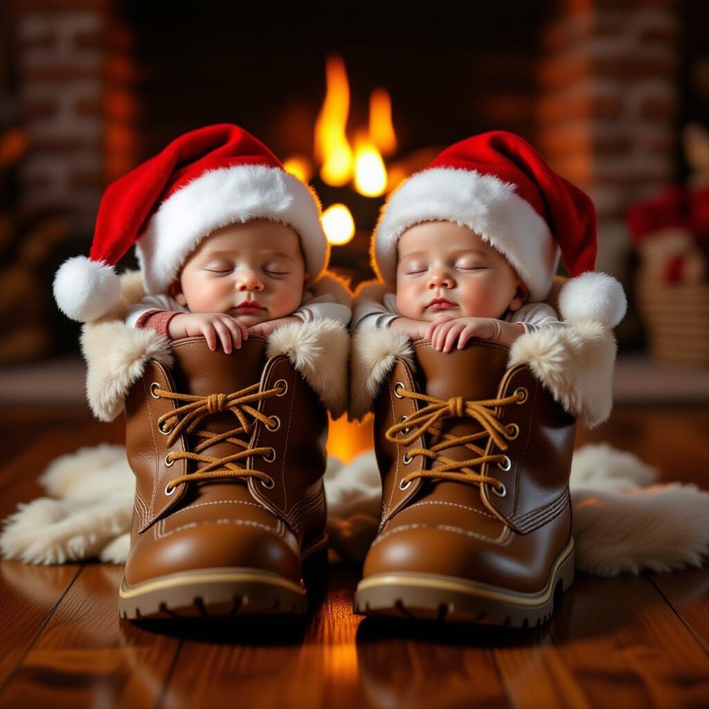 Two Baby Boys Sleeping in Giant Elf Boots