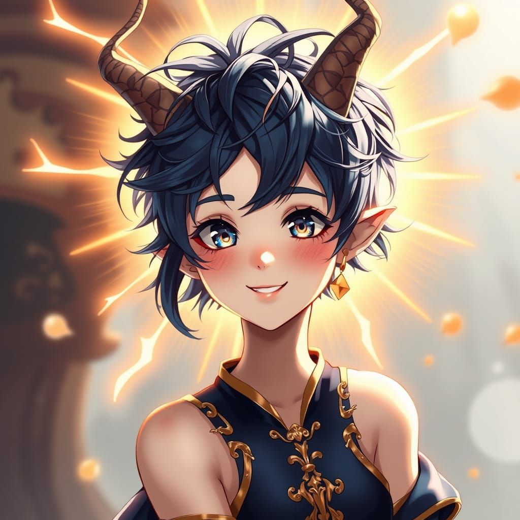 Whimsical Anime Girl with Vibrant Pixie Cut and Elegant Horn...
