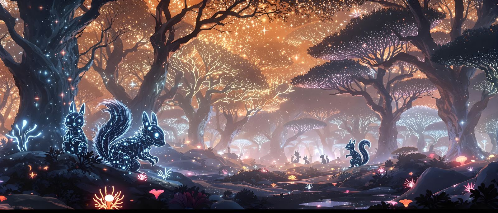 Bioluminescent Mechanical Squirrels in Surreal Forest