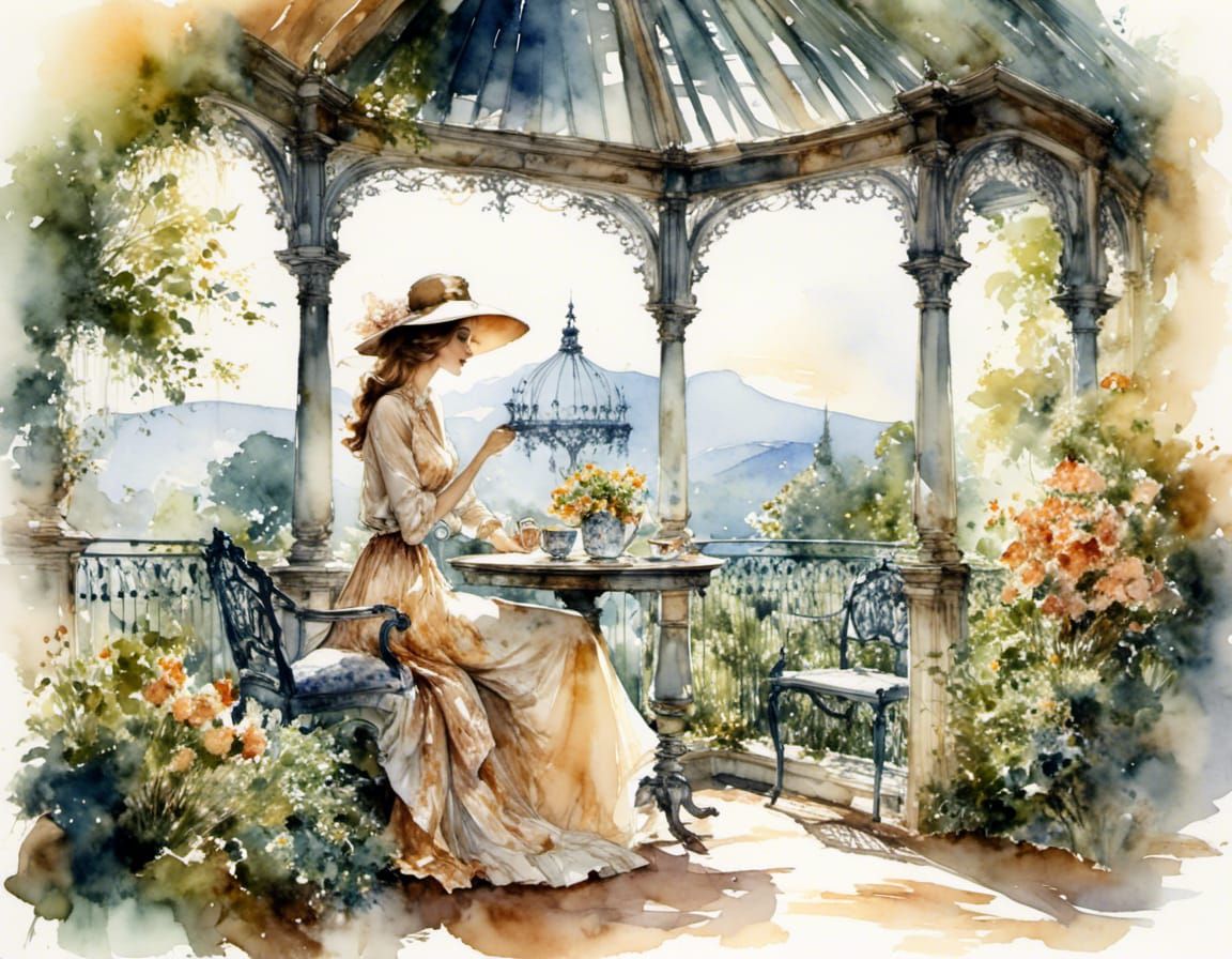 A woman seated in her garden gazebo, having a cup of coffee