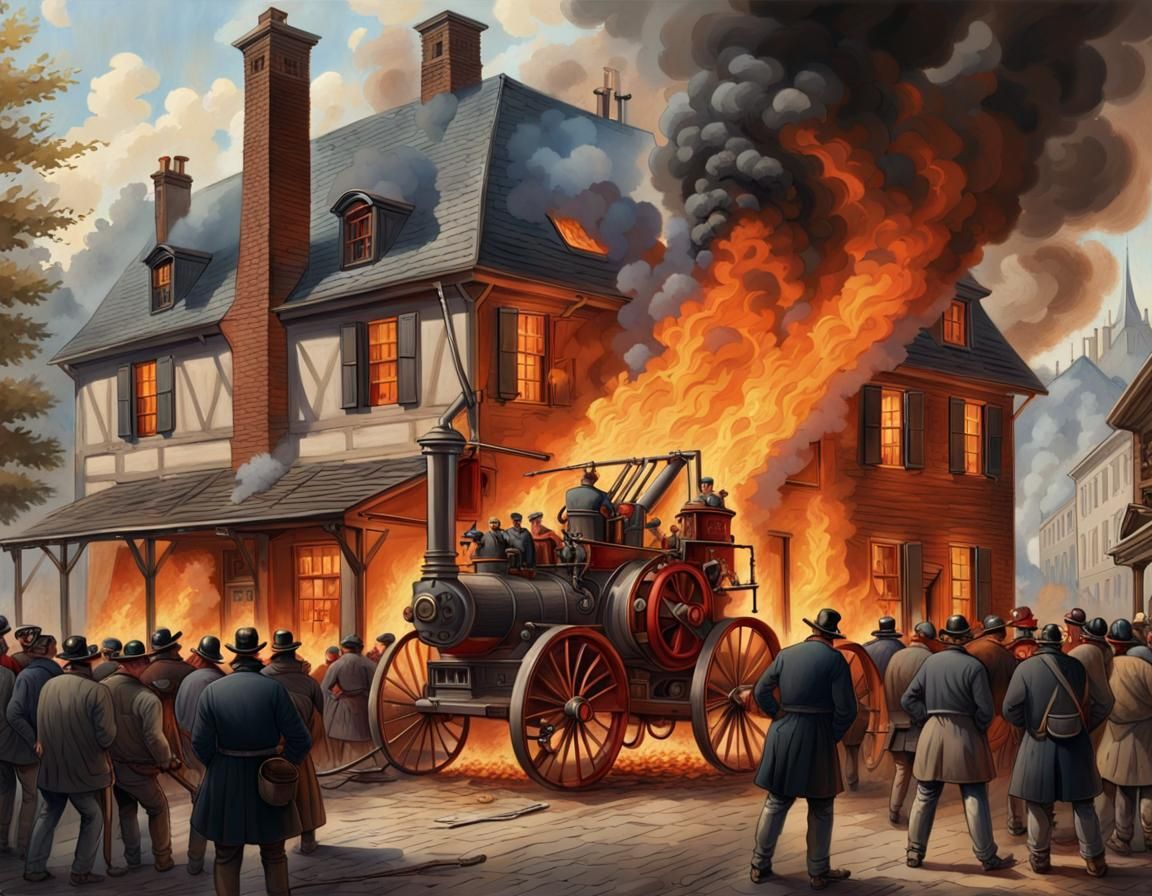 Burning Inn: 19th Century Fire Scene in Gouache