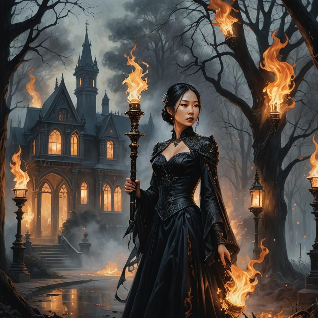 Gothic Asian Woman with Torch in Icy Landscape