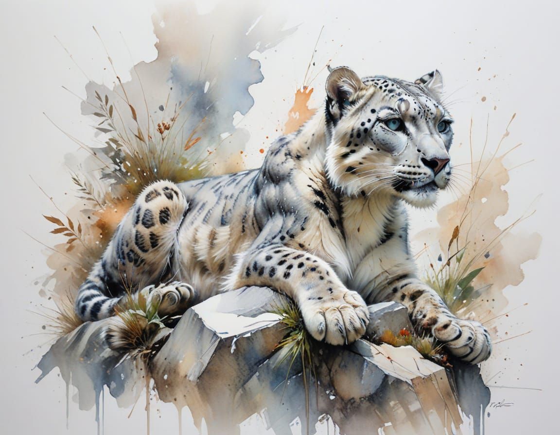 Majestic Snow Leopard on Rocky Ledge, Watercolor Style