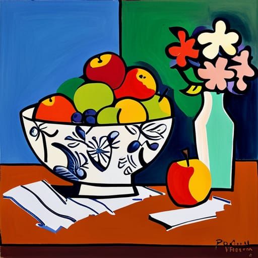 Cubist Fruit Bowl Still Life in Picasso Style