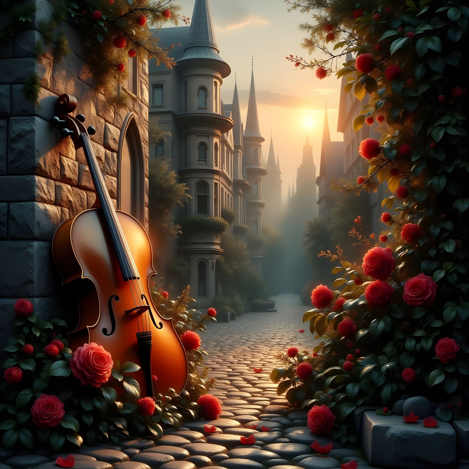 Antique Cello in Misty Medieval Alleyway