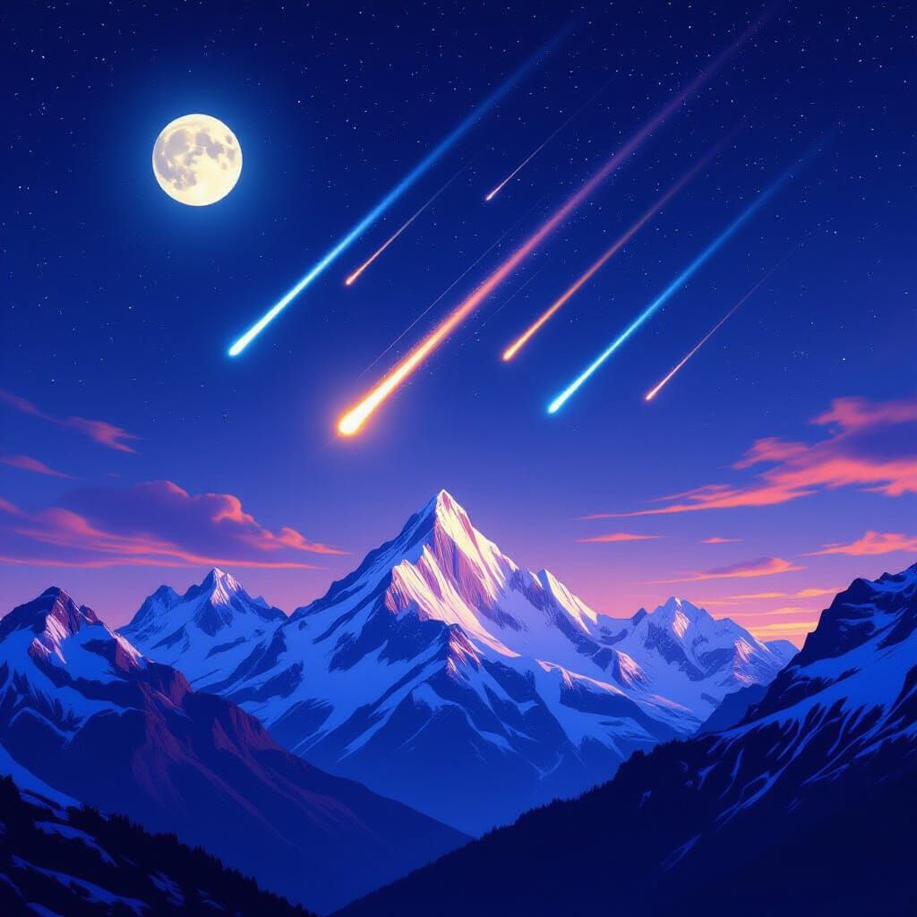 Dazzling Meteor Shower Over Snow-Capped Mountains