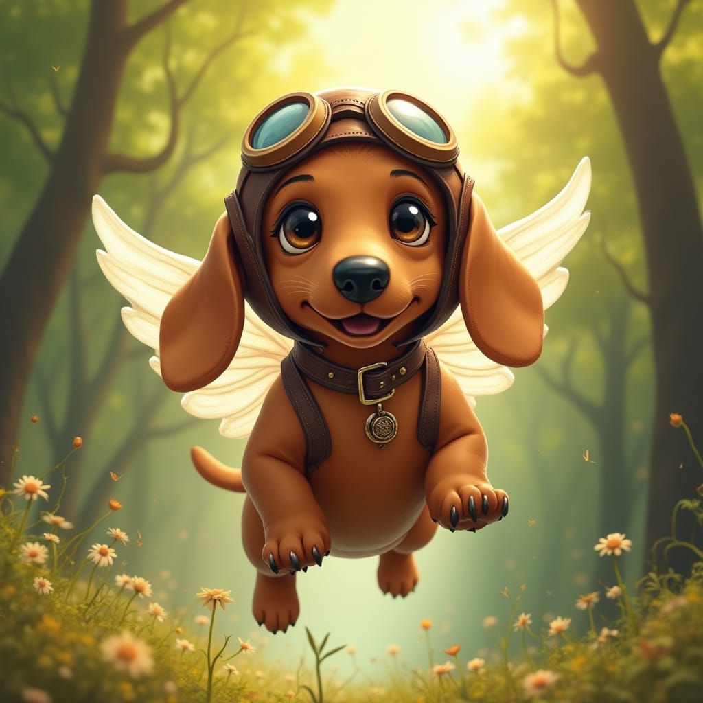 Dachshund Soars through Enchanted Forest in Whimsical Flight