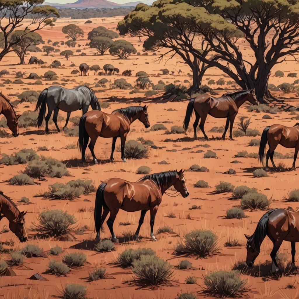 Australian Horses in Outback, Anime Concept Art