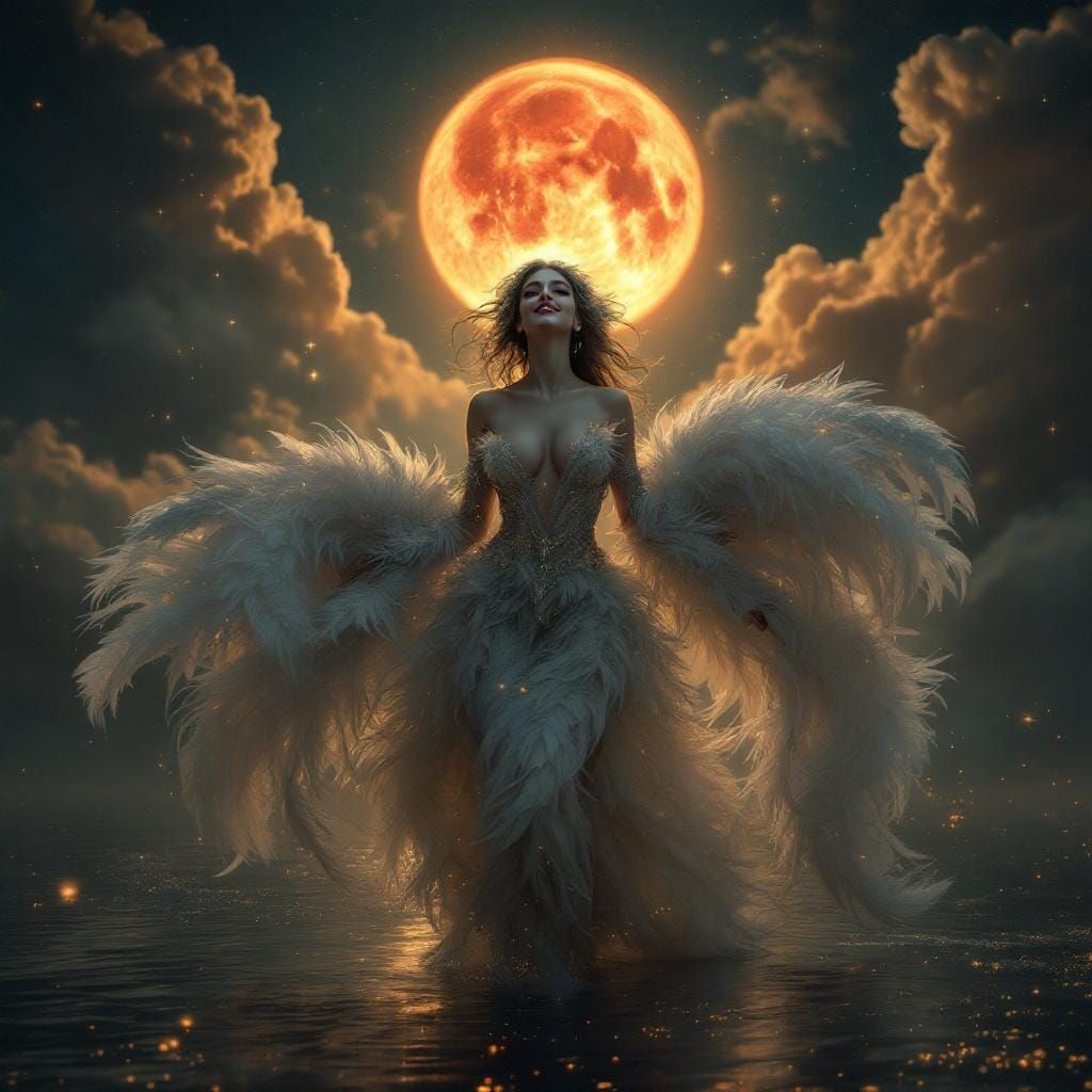 Celestial Showgirl Walks on Water Under Blood Moon