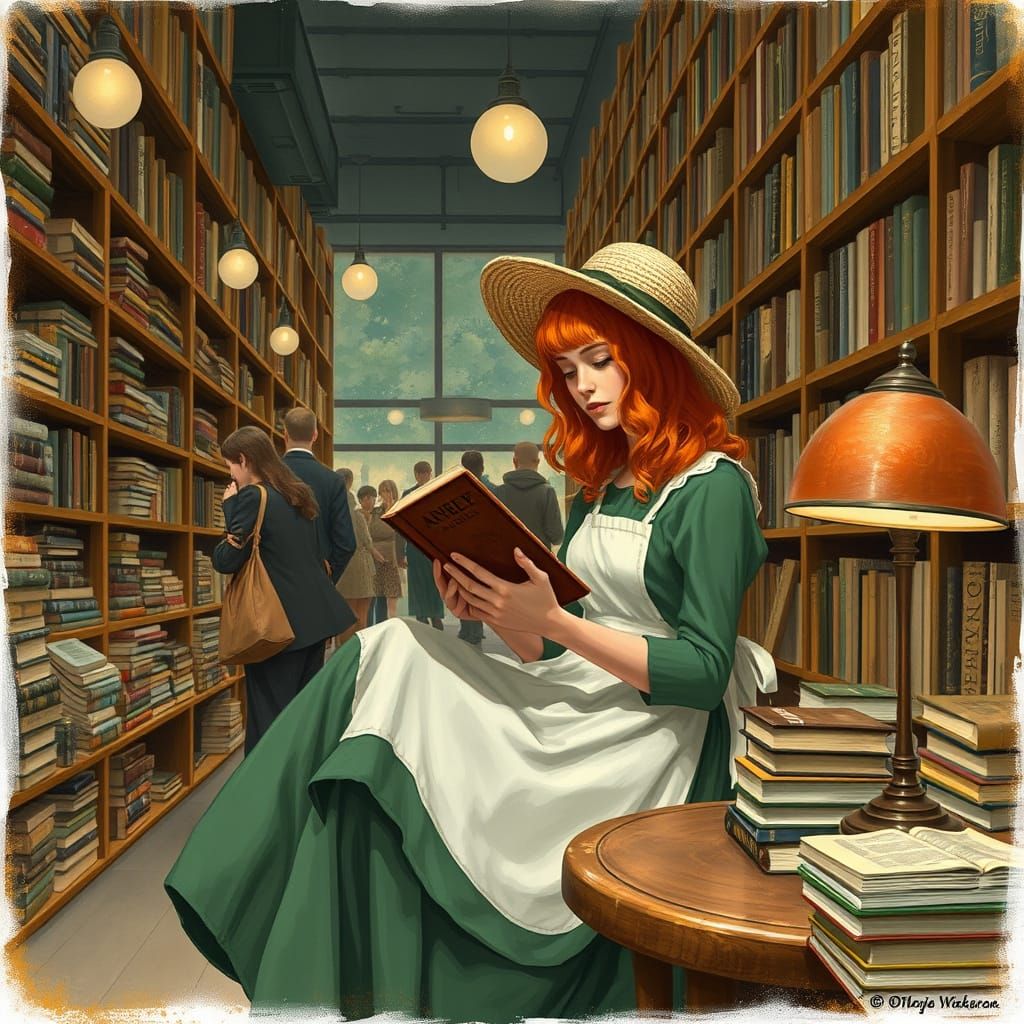 Enchanted Bookshop Encounter in a Whimsical Artistic Style