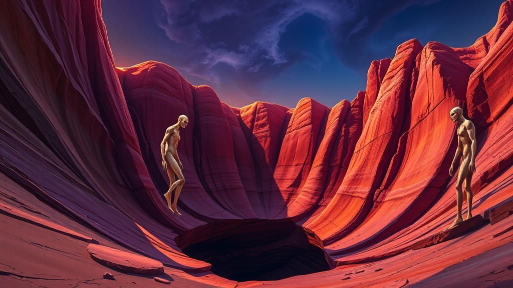 Ethereal Figures Rise from Canyon in Surreal Landscape