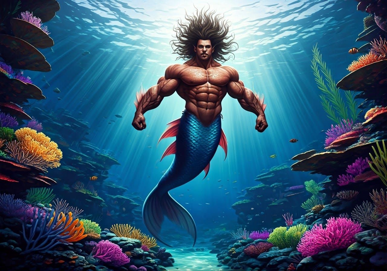 Majestic Underwater Merman in Vibrant Ocean Realm