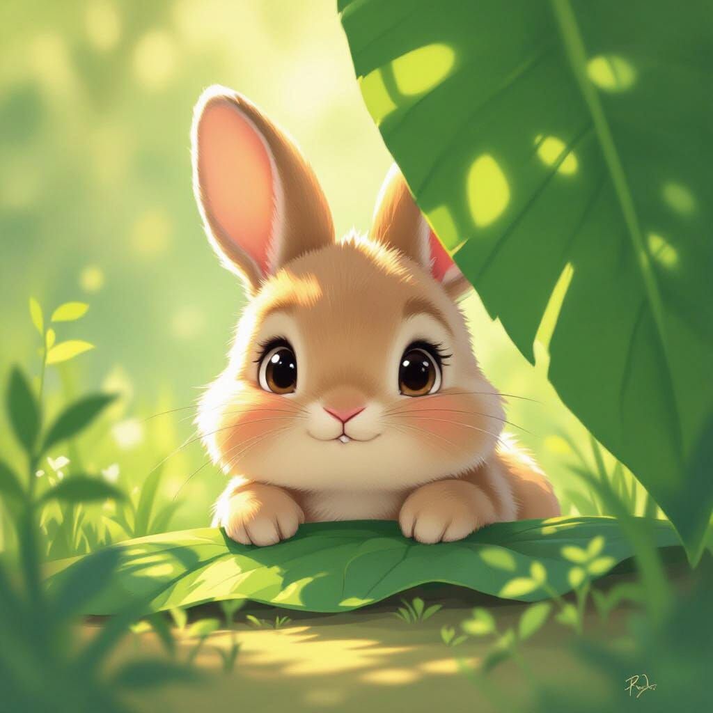 Cute Cartoon Rabbit Peeking From Under Leaf