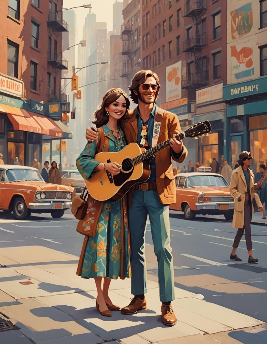 Happy Hippie Couple in 1960s New York Street Scene