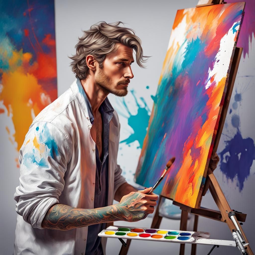Artist at Easel: Ink Portrait with Dynamic Lighting