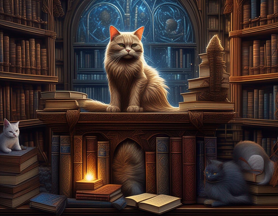 Cat Wizard on Magical Bookshelf in Library
