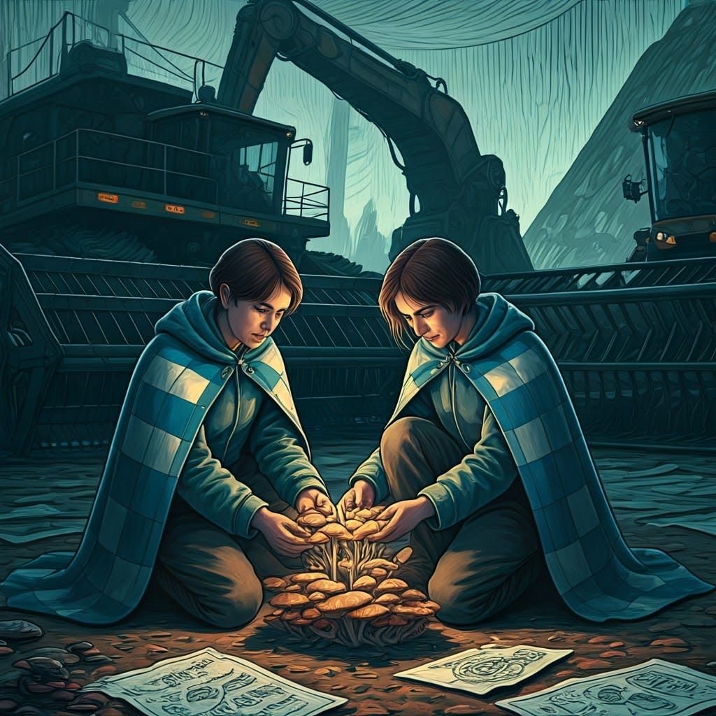 Dystopian Activists and Tintling Mushrooms in Linocut Style