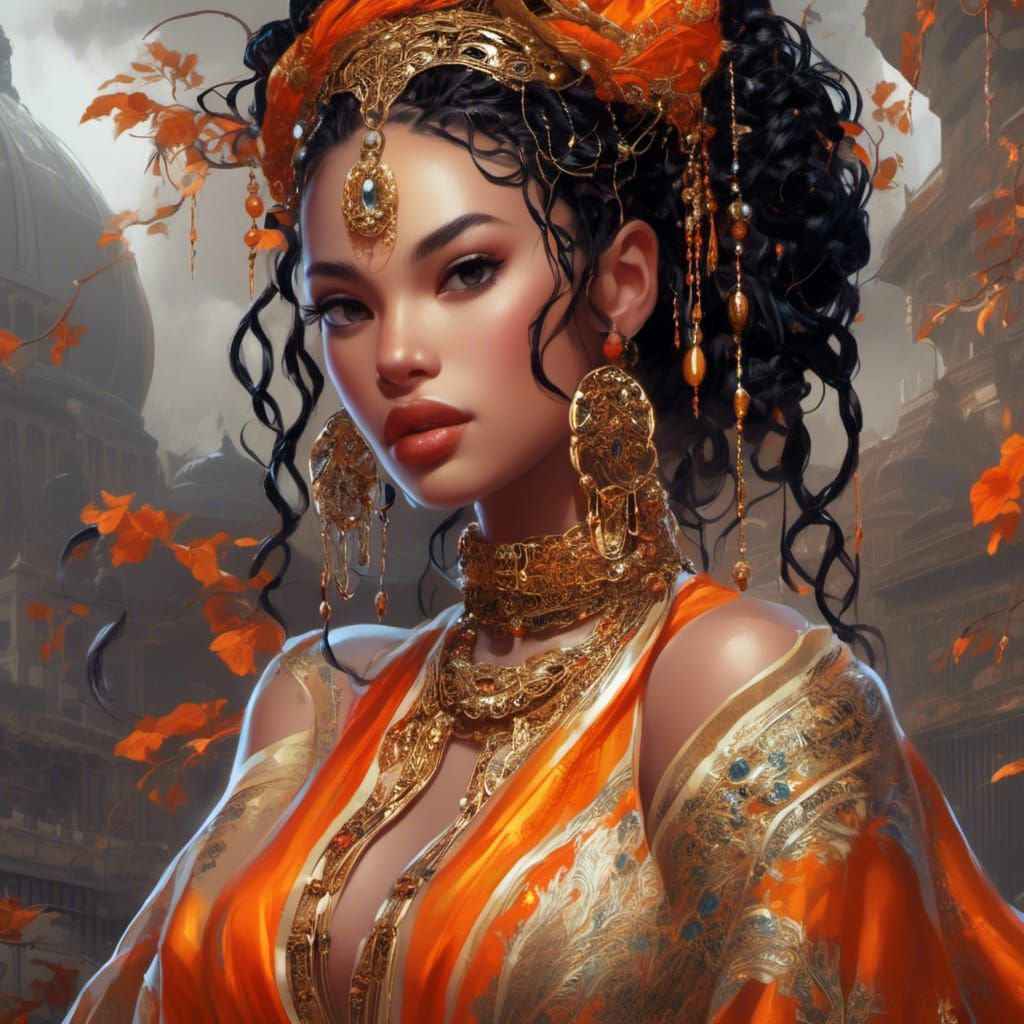 Exquisite Dark Fantasy Princess in Orange Silk Robe