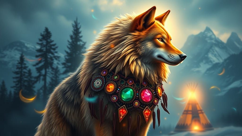 Golden Wolf Surrounded by Vibrant Native American Magic