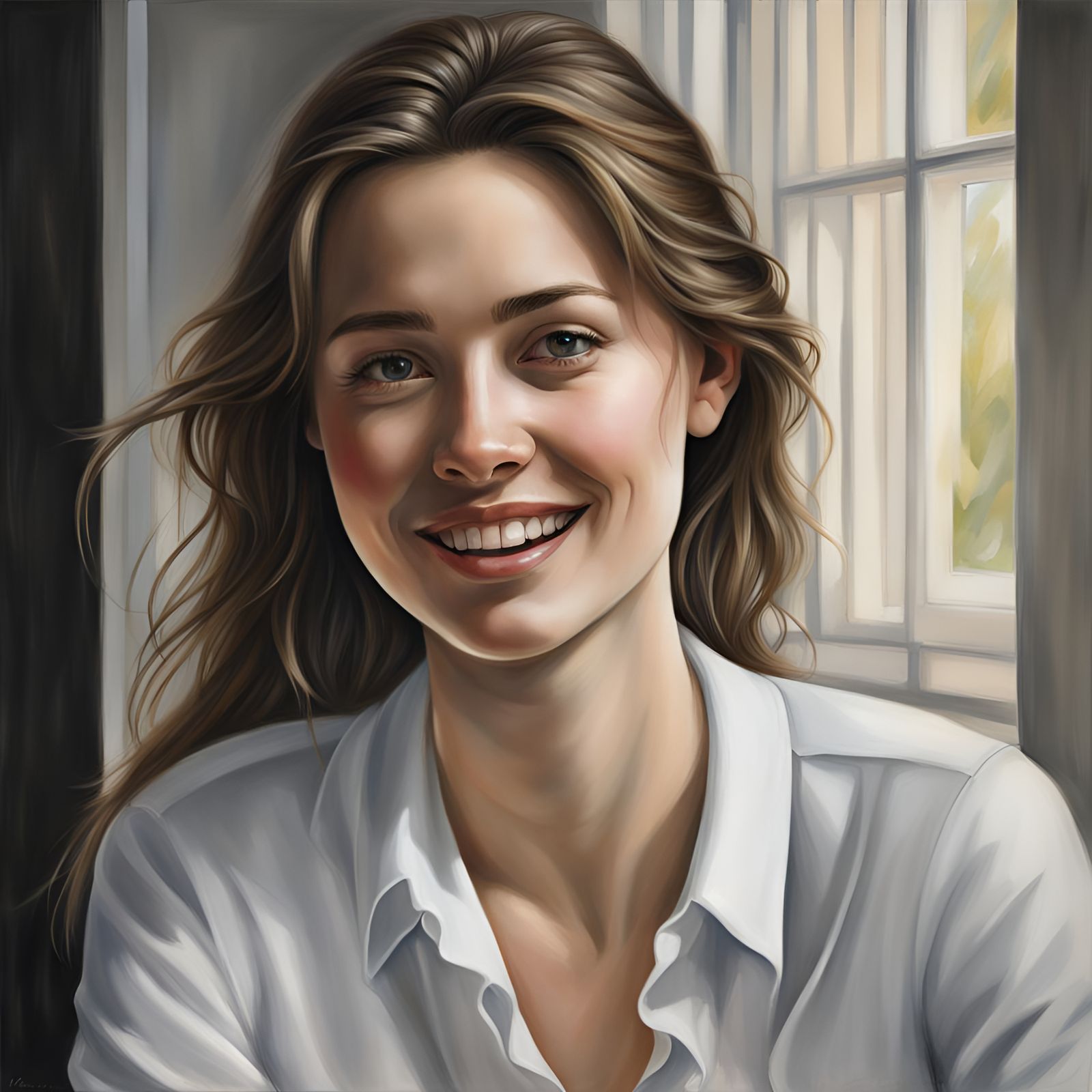 Serene Woman Smiling in Hyperrealistic Portrait