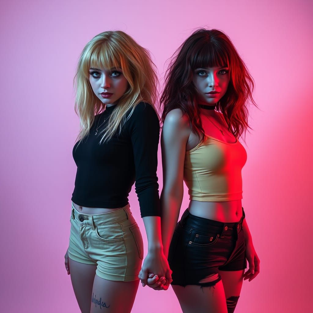 Gothic Portrait of Twin Women in Synthwave Style