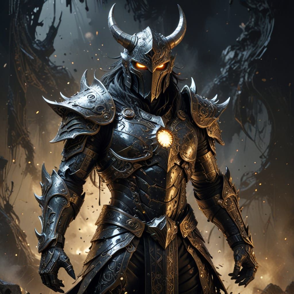 Horned Warrior in Armor: Detailed Impasto Splatter Painting