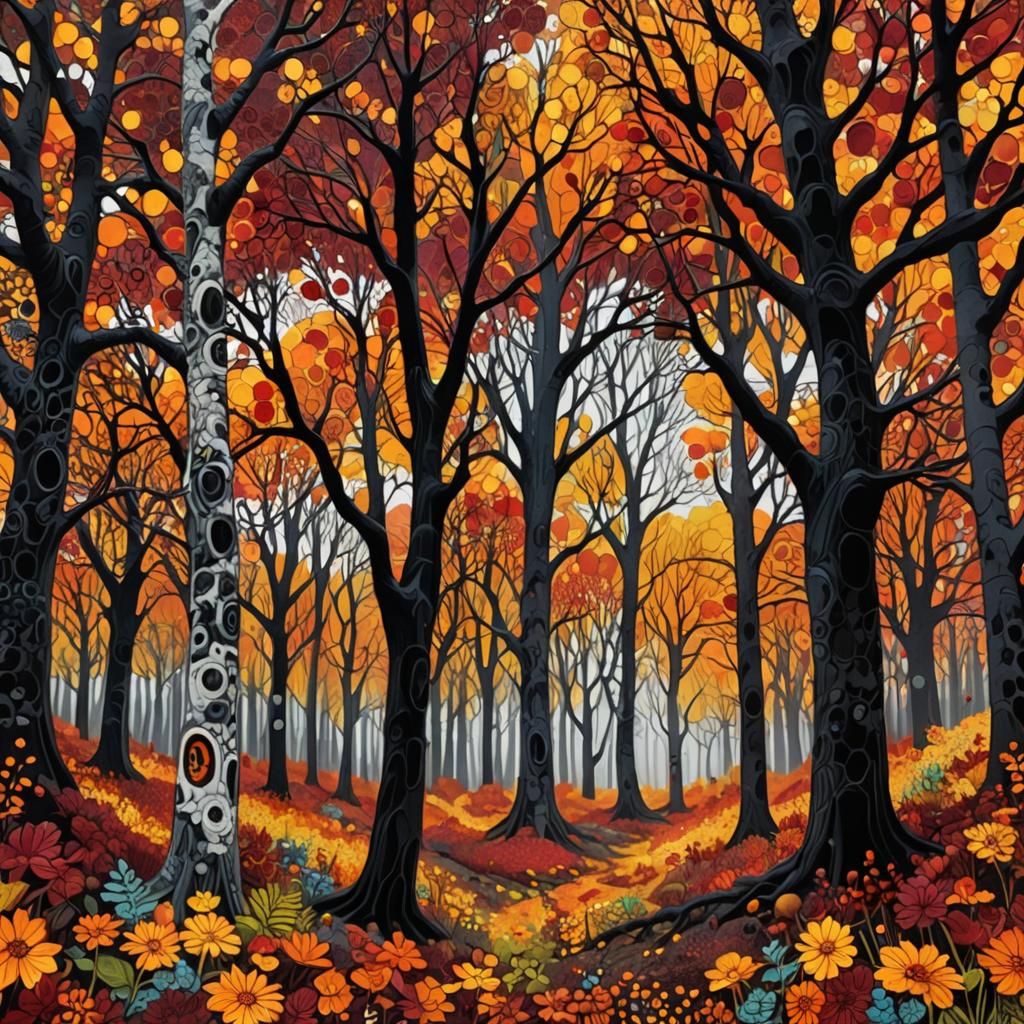 Colorful Halloween Forest with Zentangle Details